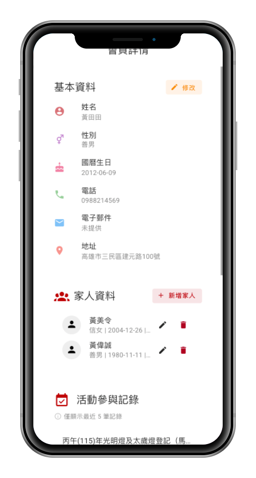 AI廟祝會員詳情:基本資料、家人資料(2 位)與近期活動參與記錄一覽